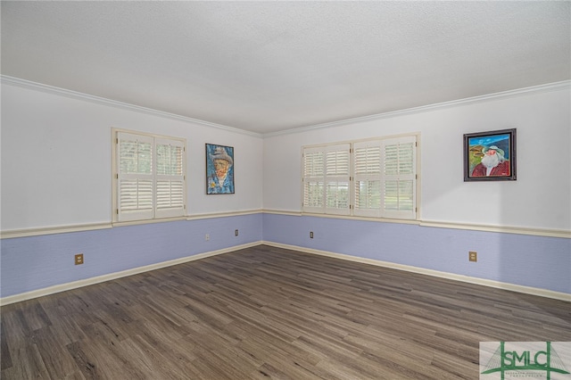 unfurnished room with crown molding, a healthy amount of sunlight, dark hardwood / wood-style floors, and a textured ceiling