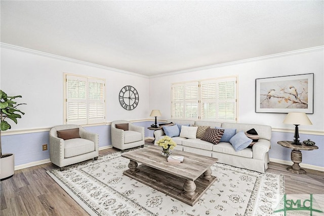 living room featuring hardwood / wood-style floors, ornamental molding, and a textured ceiling