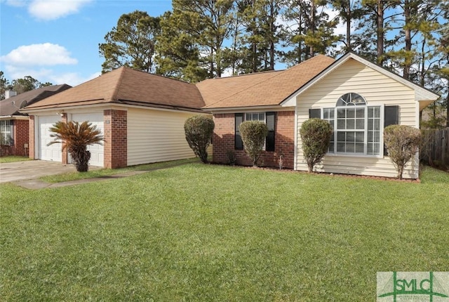 ranch-style home featuring a garage and a front lawn