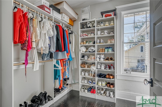 spacious closet with dark wood-type flooring