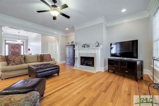 living room featuring a tiled fireplace, ornamental molding, and light hardwood / wood-style floors