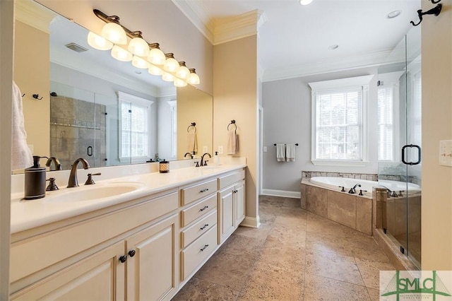 bathroom with independent shower and bath, ornamental molding, and vanity