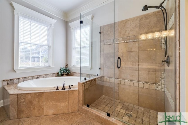 bathroom featuring independent shower and bath and ornamental molding