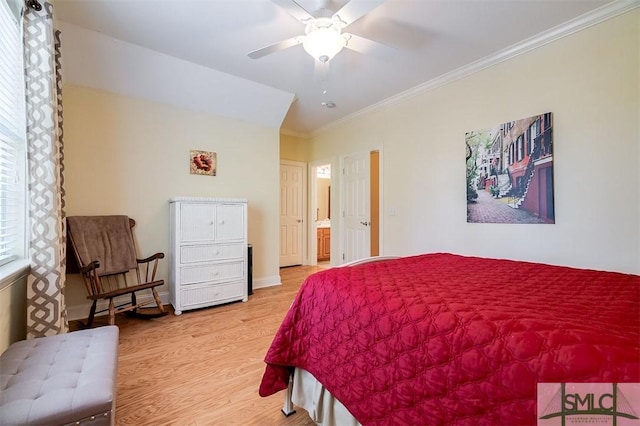 bedroom with crown molding, light hardwood / wood-style flooring, and ceiling fan