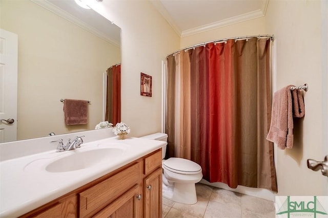 bathroom featuring vanity, tile patterned flooring, ornamental molding, and toilet