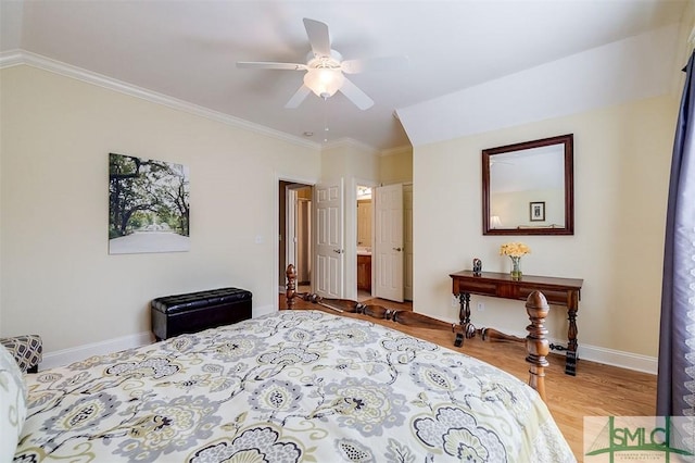 bedroom featuring ceiling fan, ornamental molding, and light hardwood / wood-style flooring