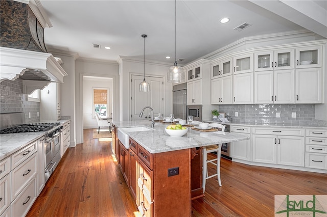 kitchen with sink, white cabinetry, a center island with sink, high quality appliances, and light stone countertops