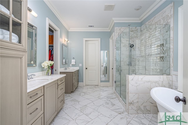 bathroom with crown molding, vanity, and shower with separate bathtub