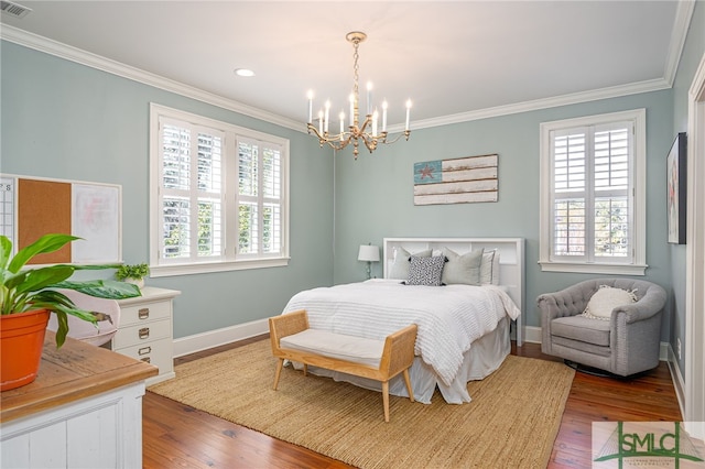 bedroom featuring multiple windows, hardwood / wood-style floors, a notable chandelier, and ornamental molding