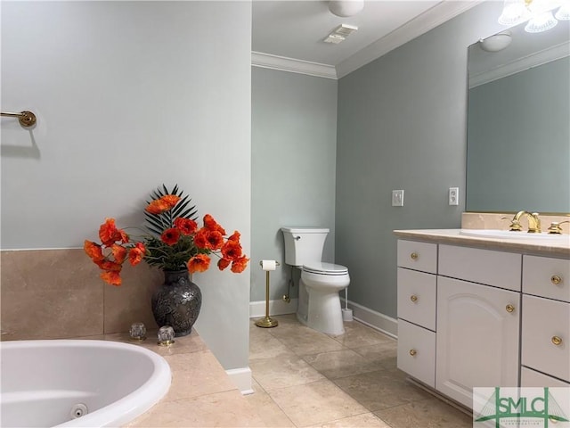 bathroom featuring crown molding, tile patterned flooring, vanity, tiled bath, and toilet