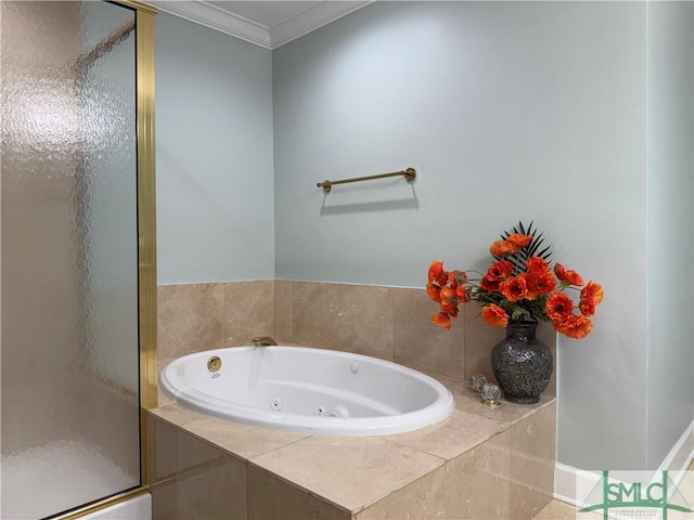 bathroom featuring ornamental molding and independent shower and bath