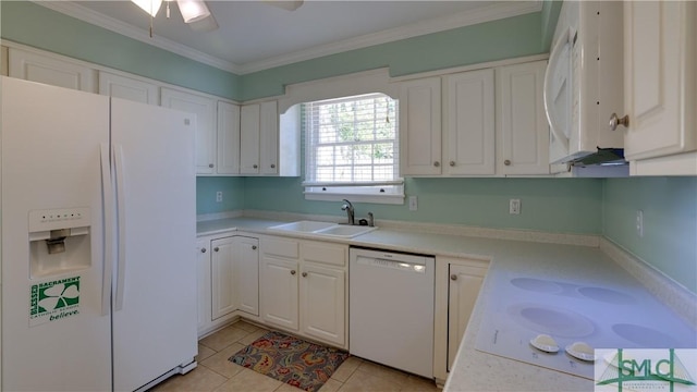 kitchen with sink, white cabinetry, crown molding, light tile patterned floors, and white appliances