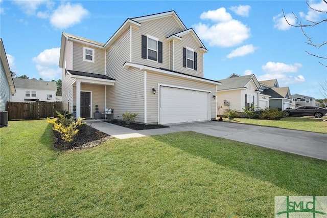 view of front of house featuring central AC unit, a garage, and a front yard