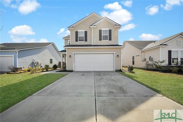 front of property with a garage and a front lawn