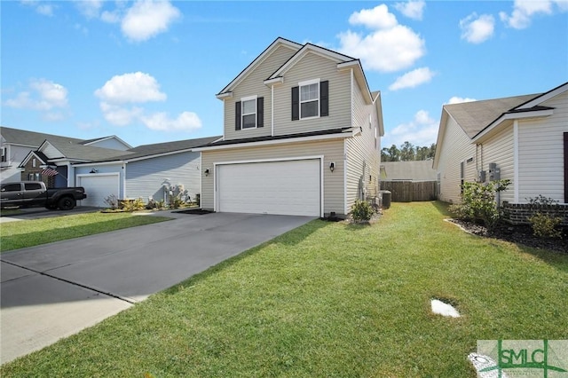 front facade featuring a garage, central AC, and a front yard