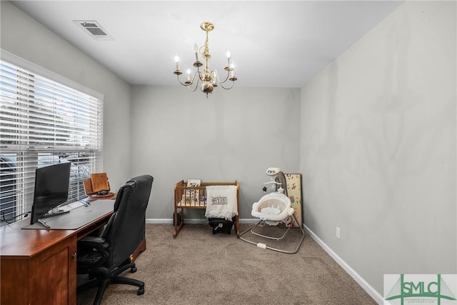 carpeted office space with a notable chandelier