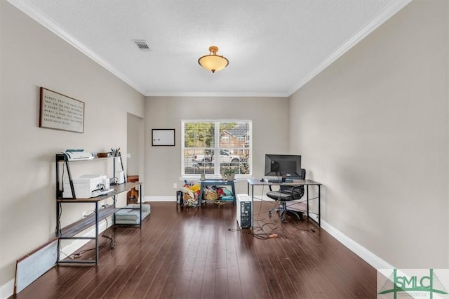 office space with crown molding, dark hardwood / wood-style floors, and a textured ceiling