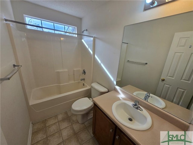 full bathroom featuring shower / bathtub combination, vanity, toilet, and tile patterned flooring