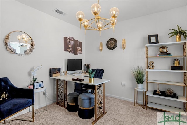 office space featuring light carpet and an inviting chandelier