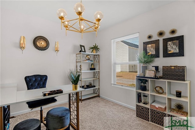 carpeted office space featuring a chandelier