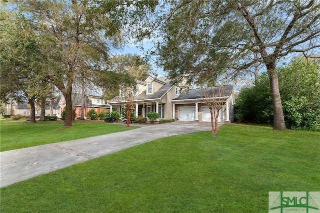 view of front of house with a garage, a front yard, and a porch