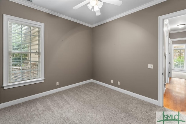 carpeted empty room featuring crown molding and ceiling fan