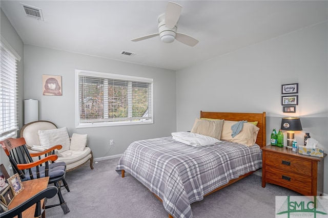 carpeted bedroom with ceiling fan