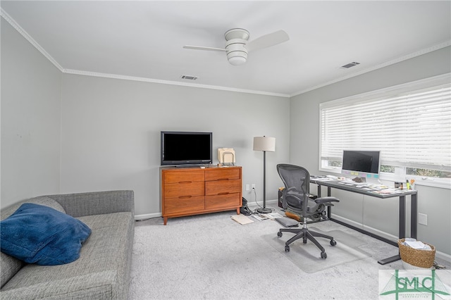 office area with crown molding, light colored carpet, and ceiling fan