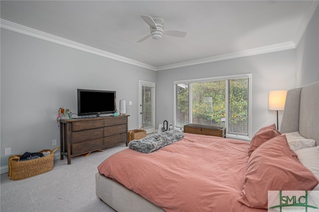 bedroom with access to outside, ornamental molding, ceiling fan, and carpet flooring