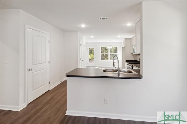 kitchen with dark hardwood / wood-style floors, sink, white cabinets, hanging light fixtures, and kitchen peninsula