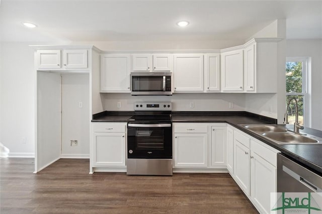 kitchen with dark hardwood / wood-style flooring, sink, stainless steel appliances, and white cabinets