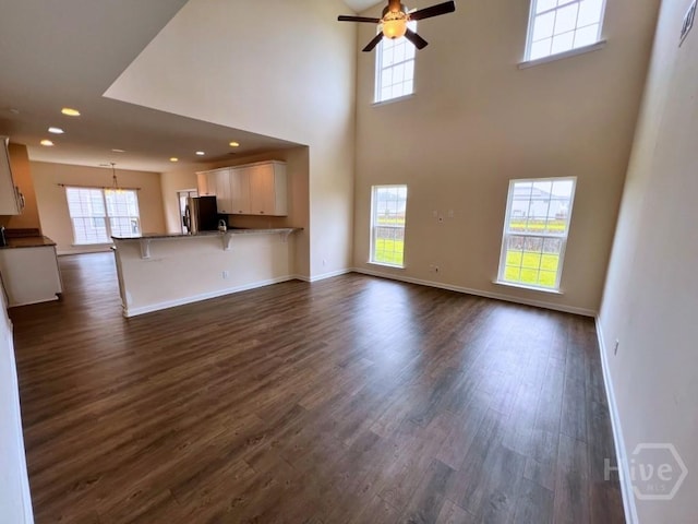 125 Grimsby Rd, Savannah, GA 31407 - unfurnished living room with healthy amount of natural light, ceiling fan, dark wood-style flooring, a towering ceiling, and recessed lighting
