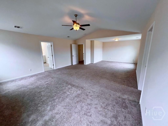 125 Grimsby Rd, Savannah, GA 31407 - empty room featuring a ceiling fan, vaulted ceiling, carpet flooring, and baseboards