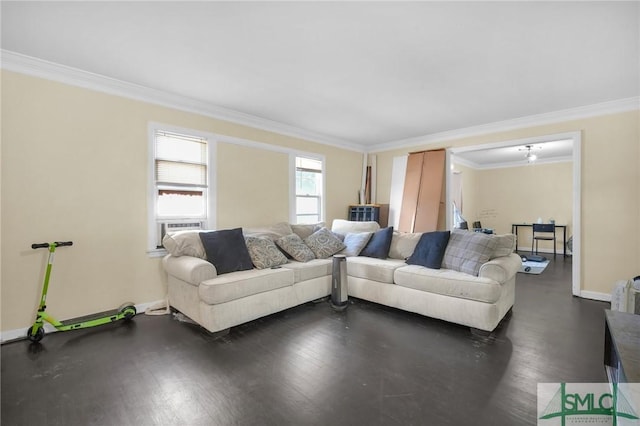 living room featuring ornamental molding and dark hardwood / wood-style floors