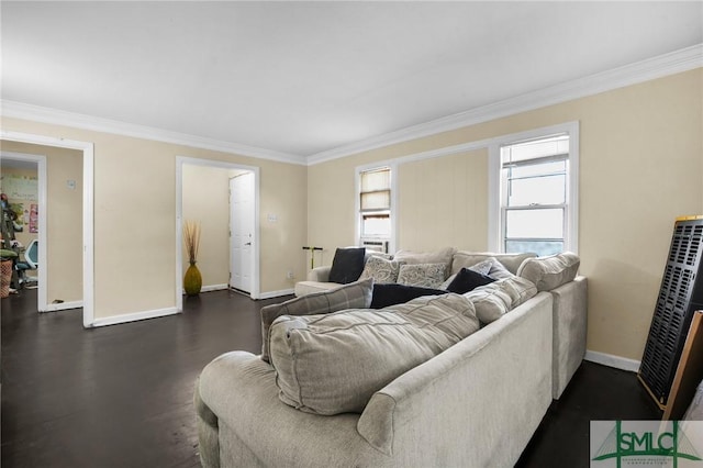 living room with crown molding and dark wood-type flooring