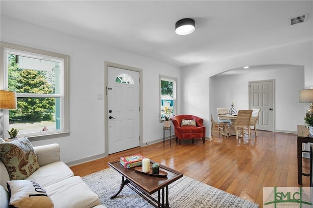 living room with plenty of natural light and light wood-type flooring