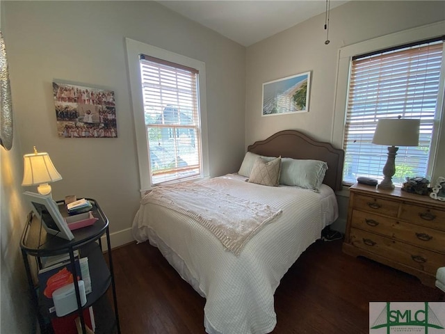 bedroom featuring multiple windows and dark hardwood / wood-style floors