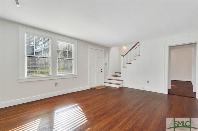 unfurnished living room with dark hardwood / wood-style flooring