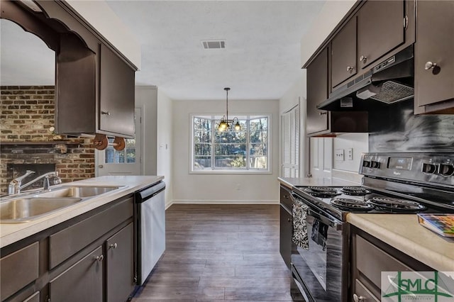 kitchen with dark brown cabinetry, sink, electric range, dishwasher, and pendant lighting