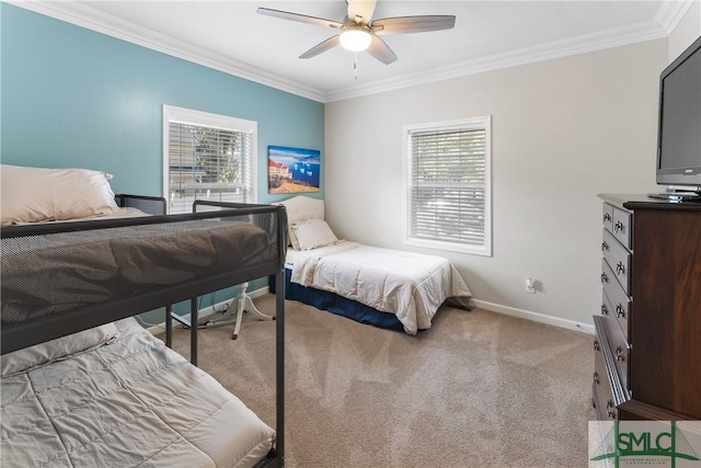 bedroom with multiple windows, crown molding, light carpet, and ceiling fan