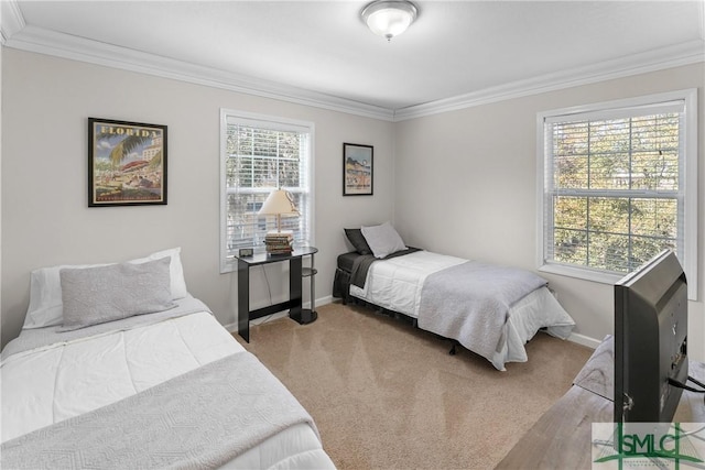 carpeted bedroom with crown molding