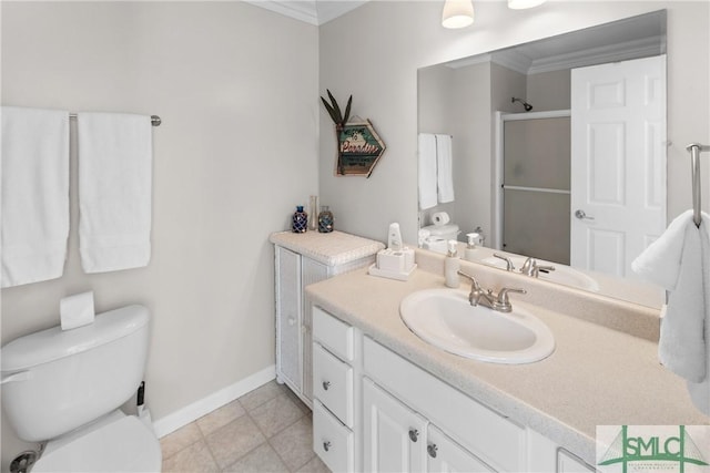 bathroom featuring toilet, an enclosed shower, ornamental molding, vanity, and tile patterned flooring