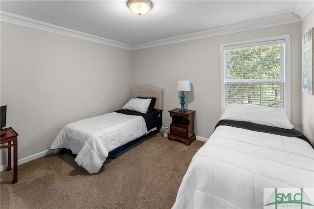 bedroom with crown molding and carpet