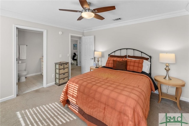 carpeted bedroom featuring crown molding, connected bathroom, and ceiling fan