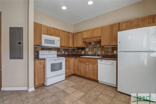 kitchen with sink, white appliances, light tile patterned floors, electric panel, and decorative backsplash