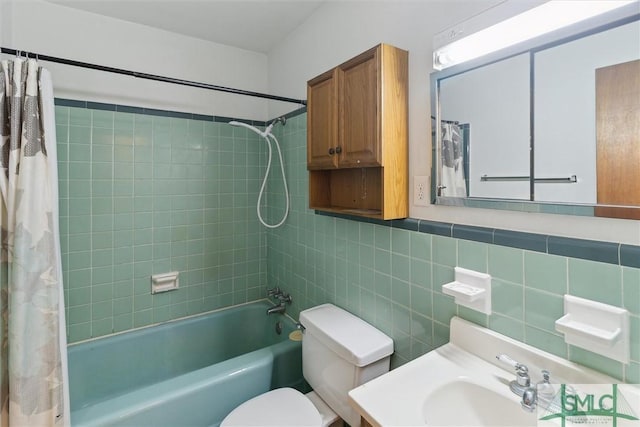 full bathroom with toilet, vanity, shower / bathtub combination with curtain, and tile walls