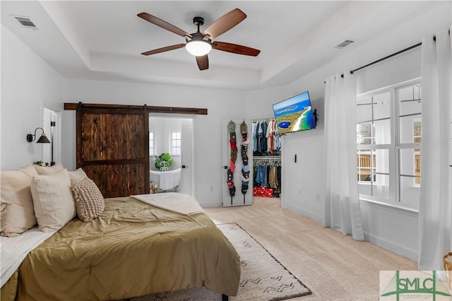 carpeted bedroom with a spacious closet, a raised ceiling, a closet, ceiling fan, and a barn door