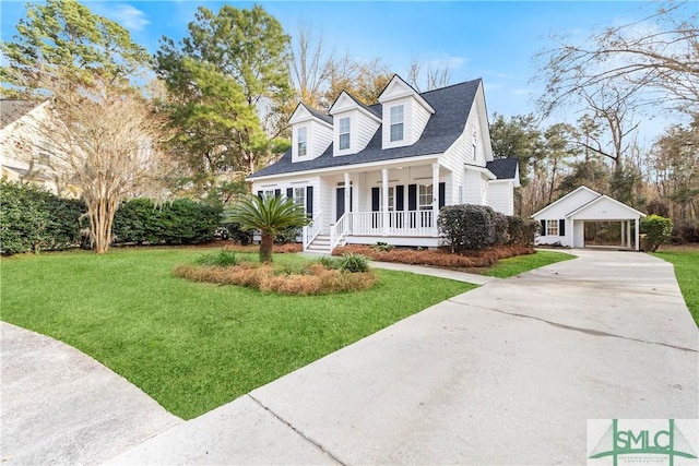 cape cod home featuring a front yard, a carport, and covered porch