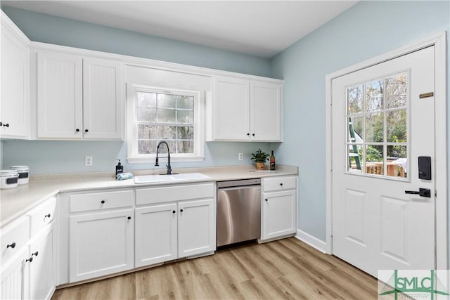 kitchen with plenty of natural light, sink, stainless steel dishwasher, and white cabinets