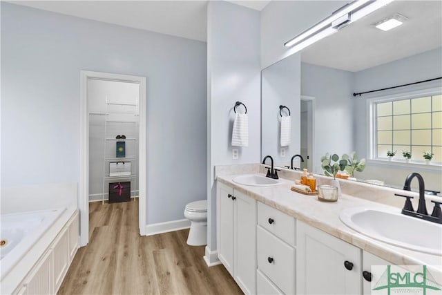 bathroom featuring vanity, a bathtub, wood-type flooring, and toilet